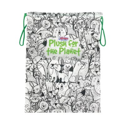 Carry home bags for bears and buddies - black and white bag with a variety of animals meant to be colored in. It says "plush for the planet" in green text"