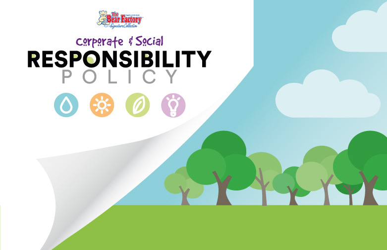 A graphic with a blue sky and green trees, with text that says corporate and social responsibility policy